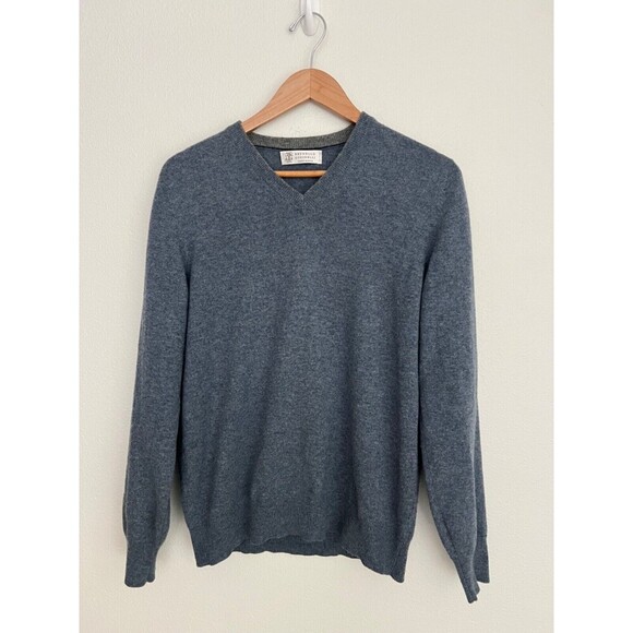 Brunello Cucinelli Men's Blue Cashmere Sweater V-Neck Size Small - Picture 1 of 8
